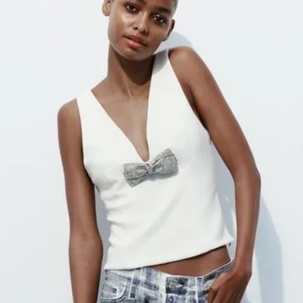 ZARA NWT JEWEL BOW TOP - S | WHITE - Bloggers Fav